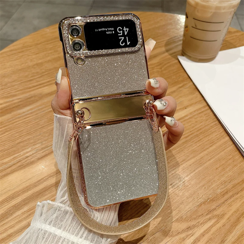 Color: Beige, Material: CANVAS - For Samsung Galaxy Z Flip 6 5 4 3 Case 3D Jewelled Diamond Luxury Gradient Bling Glitter Wrist Strap Holder Tote Bags Cover