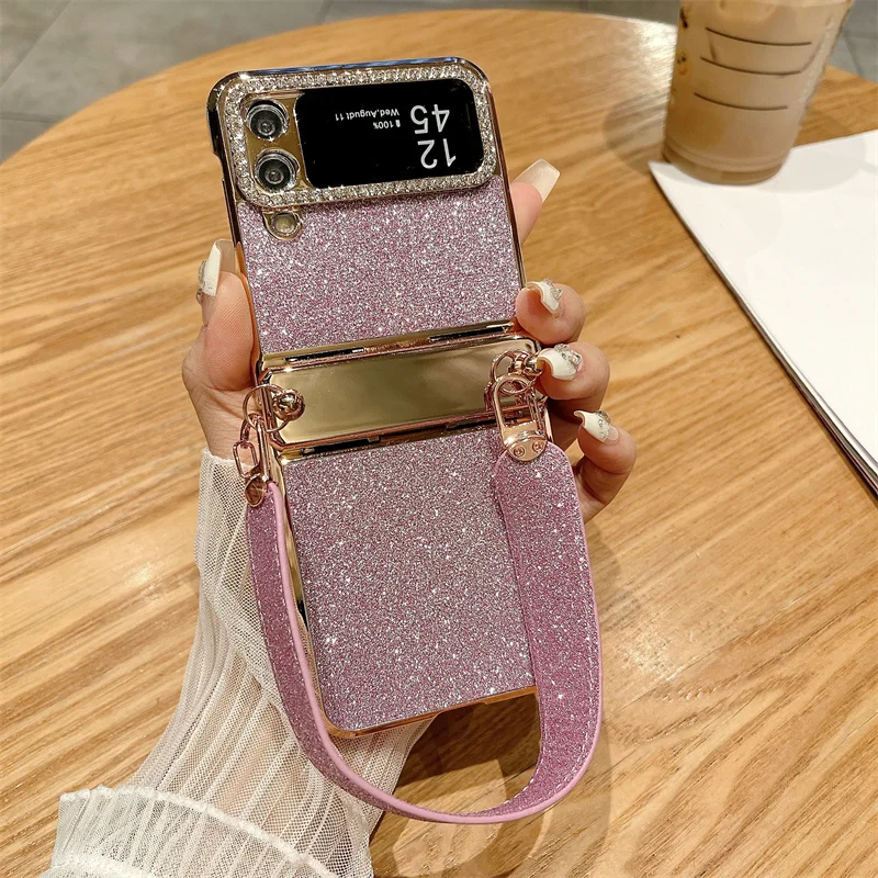 Color: Beige, Material: CANVAS - For Samsung Galaxy Z Flip 6 5 4 3 Case 3D Jewelled Diamond Luxury Gradient Bling Glitter Wrist Strap Holder Tote Bags Cover