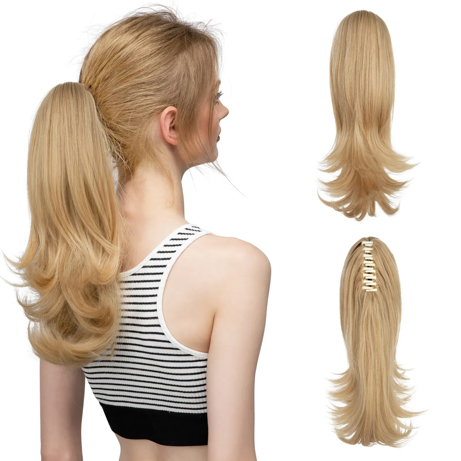 Color: T1/35, Stretched Length: 14inches - Synthetic Claw Clip In Ponytail Hair Extensions 14 Inch Wavy Hairpiece Fake Blonde Black Hair False Pigtail With Elastic Band