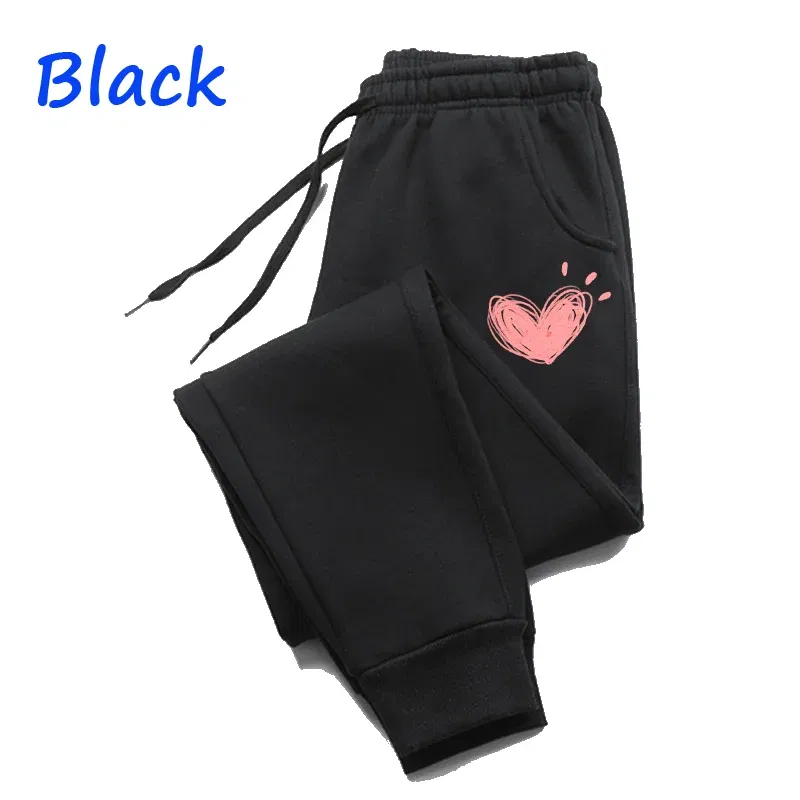 Color: black, Size: 3XS - Women Cute Heart Printed Sweatpants Autumn Winter Cotton Long Pants Jogger Trousers Casual Sports Fitness Women Sweat Pants