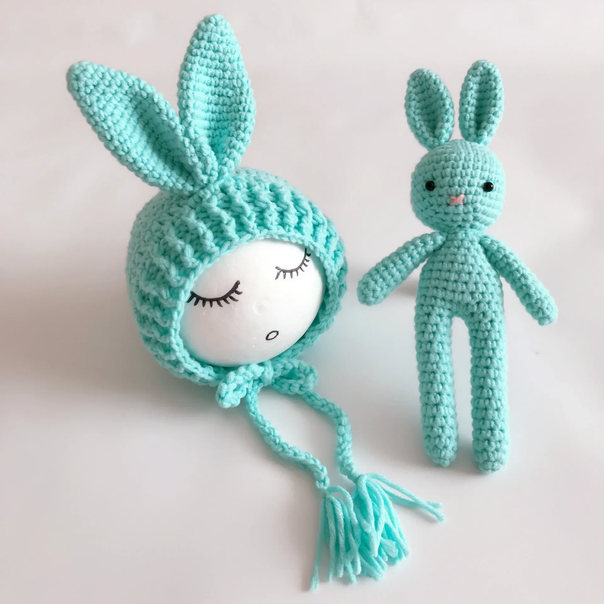 Color: Pink - Newborn Photography Props Posing Doll Handmade Woolen Bunny Doll Cap Bear Cartoon Toy Baby Photoshoot Prop Accessorie Fotografia