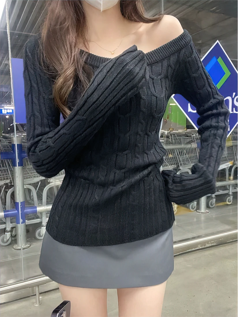 Color: GRAY, Size: L - Casual Off shoulder Rib Knit Sweater Pull Women Long sleeve Top Basic Tees White Slim Pullovers Lady Sexy One Shoulder New