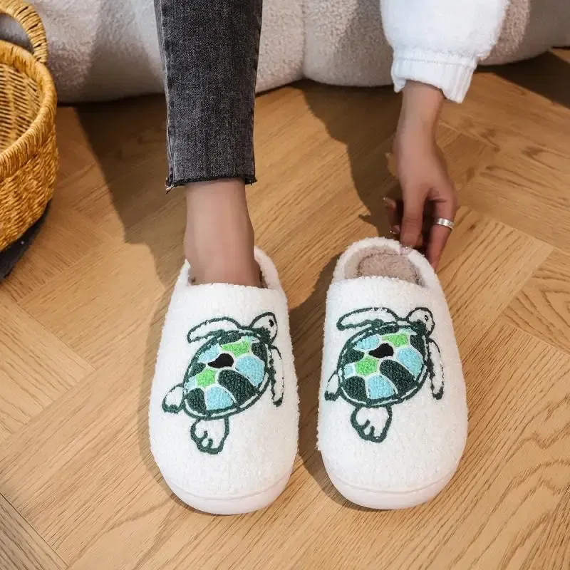 Color: Beige, Shoe Size: 3.5 - Casual Fluffy Slippers Women House Flat Cute Cartoon Designer Platform Winter Shoes Girls Home Fashion Popular Footwear Big Size