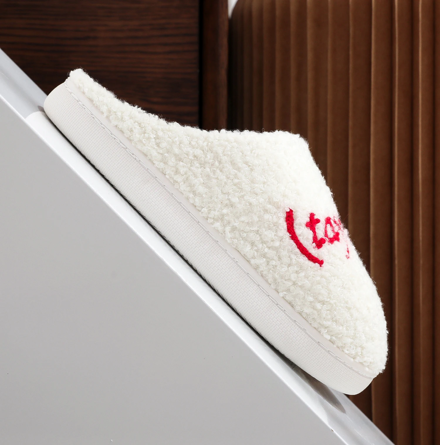 Color: WHITE, Shoe Size: 42 - Winter home home tapors version pattern cotton slippers non-slip thick-soled wool cotton slippers