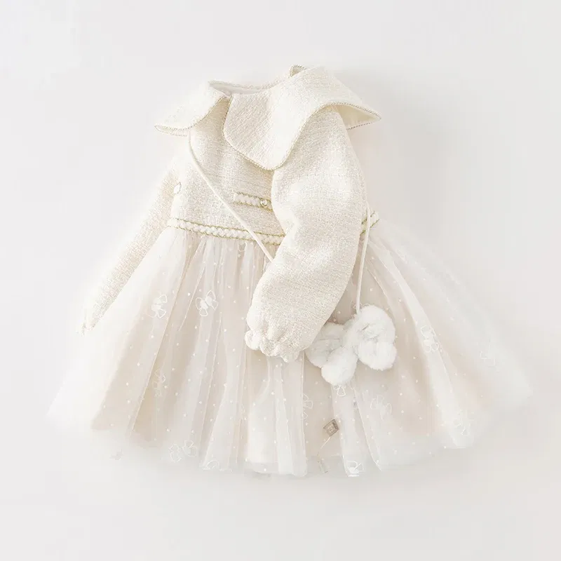 Color: WHITE, Kid Size: 7 - Dave Bella Girl's Dress Children's Autumn Winter Princess Dress Charm Sweet Classy Gentle Fashion Mesh Party DB4237805