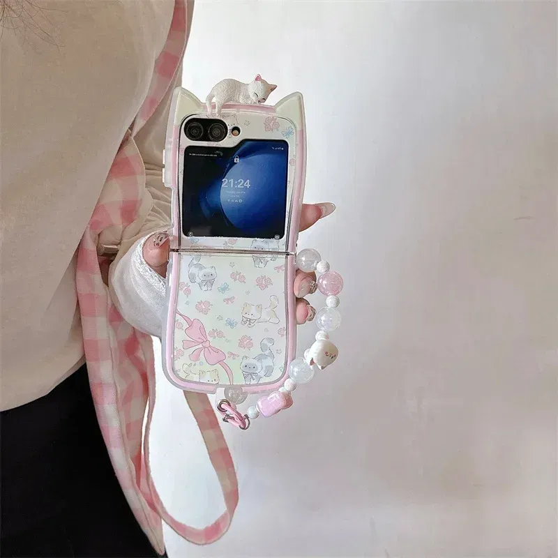 Color: black, Material: PE - 3D Flower Cat Bracelet Phone Case For Samsung Galaxy Z Flip 7 FE 6 5 4 3 ZFlip6 Z Flip6 ZFlip 6 Cat Ears Shockproof Cover