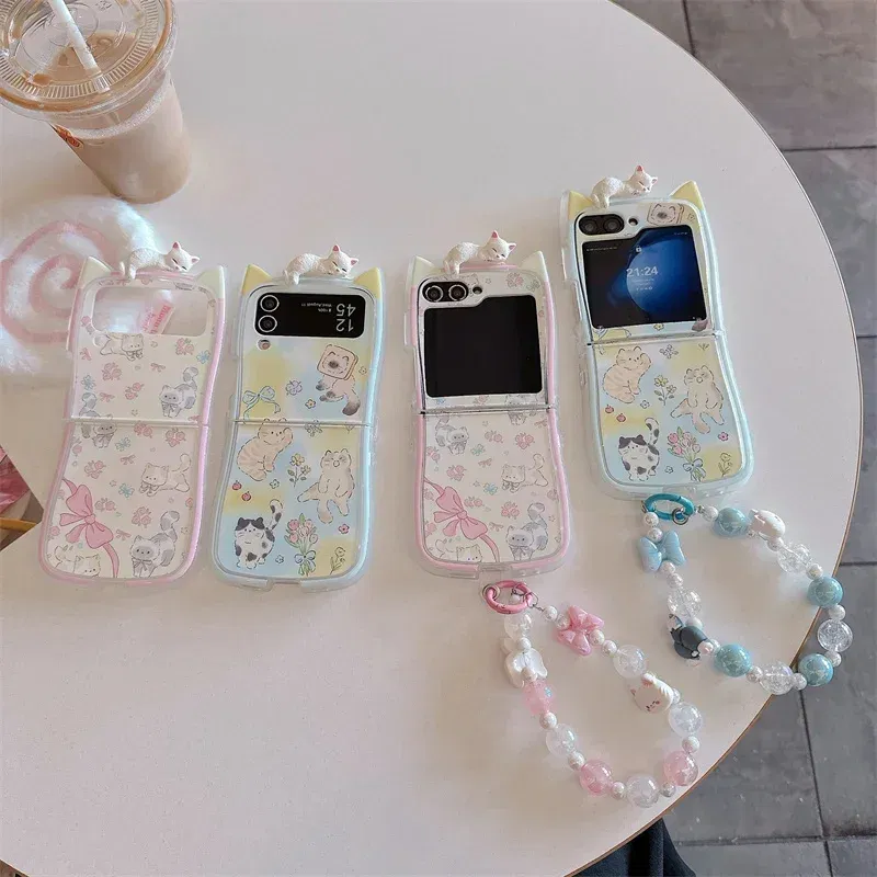 Color: black, Material: PE - 3D Flower Cat Bracelet Phone Case For Samsung Galaxy Z Flip 7 FE 6 5 4 3 ZFlip6 Z Flip6 ZFlip 6 Cat Ears Shockproof Cover