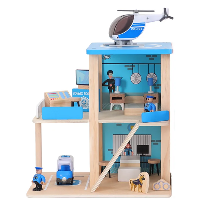 Color: Red - Wooden Train Tracks Railway Toys Set Parking lot apron fire station gas station rotary crane Overpass Model for Kids Toys Gifts