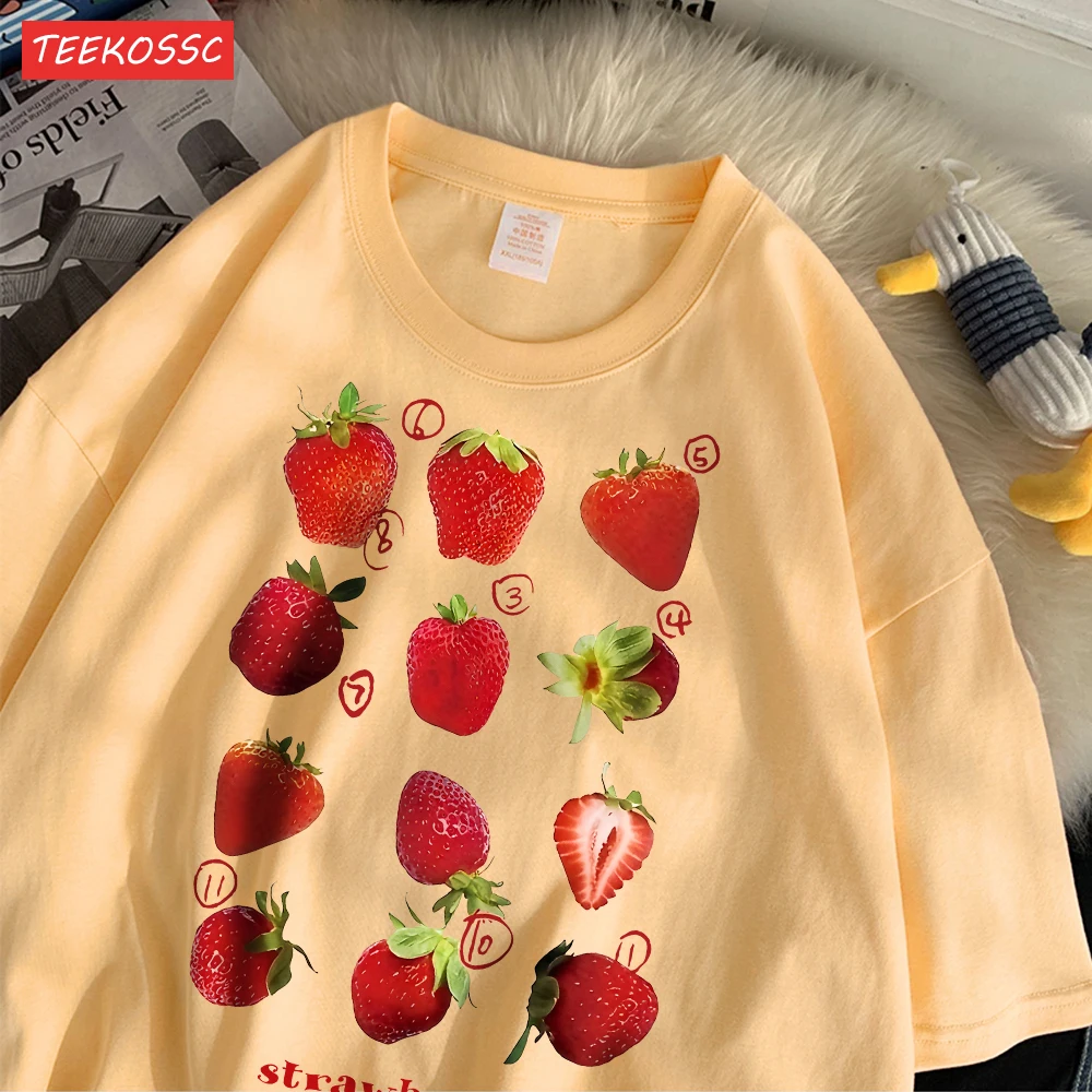 Color: Light Yellow, Size: XXL - 100% Cotton Women T-shirt Cute Fresh Strawberries Printed Tee Shirt Summer Comfortable Loose Tops Street Fashion Female Clothes