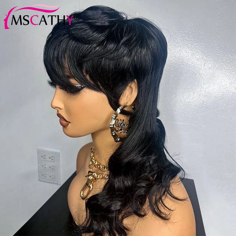 Hair Color: #27R, Stretched Length: 6inches, Density: 150% - Full Machine Made Dovetail Human Hair Wigs Body Wave Short Pixie Cut Wig With Bangs Glueless Brazilian Remy Hair Wigs For Women