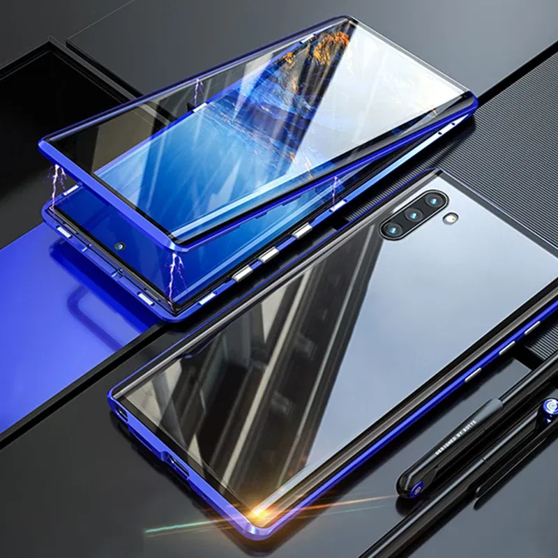 Color: Blue, Material: PU - Full Wrap Metal Bezel Case For Samsung Galaxy S23 S22 Ultra S21 S20 FE S24 Note 10 20 Lite Plus Double-Sided Glass Back Cover