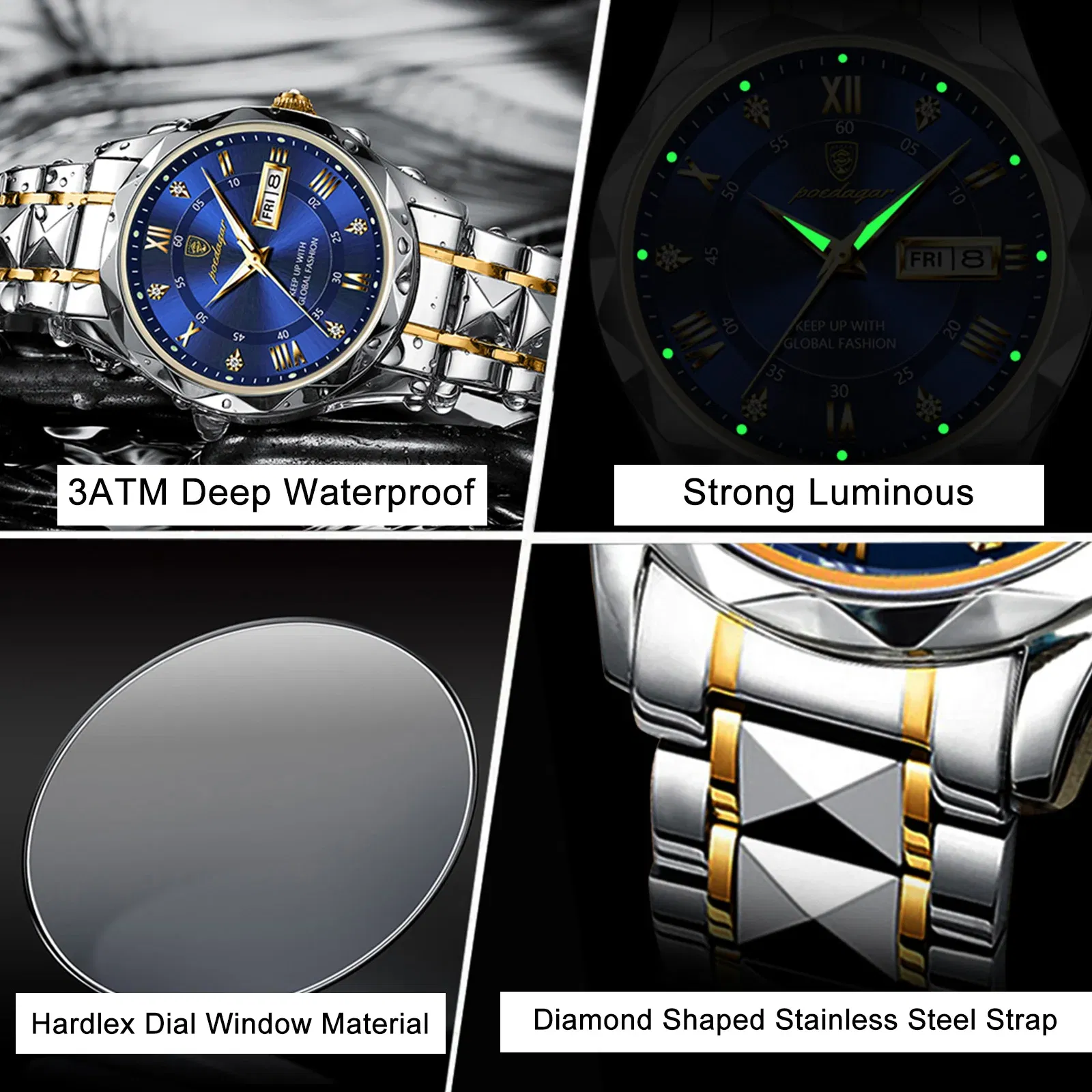Color: Gold - POEDAGAR Top Luxury Men Quartz Watch For Men Sports Waterproof Luminous Stainless Steel Date Week Men's Watches Male Clock reloj