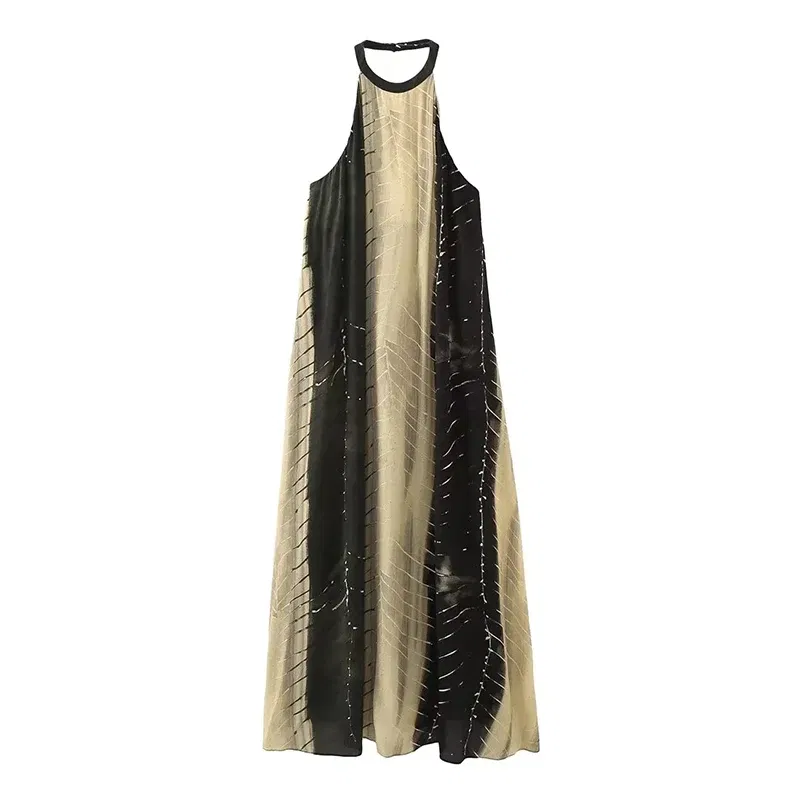 Color: Beige, Size: L - Casual Neck-mounted Dresses Summer Women Backless Sleeveless Beach Holiday Loose Dress Back Opening Design Long Dress