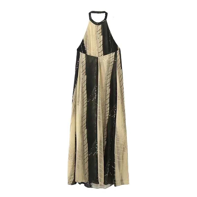 Color: Beige, Size: L - Casual Neck-mounted Dresses Summer Women Backless Sleeveless Beach Holiday Loose Dress Back Opening Design Long Dress