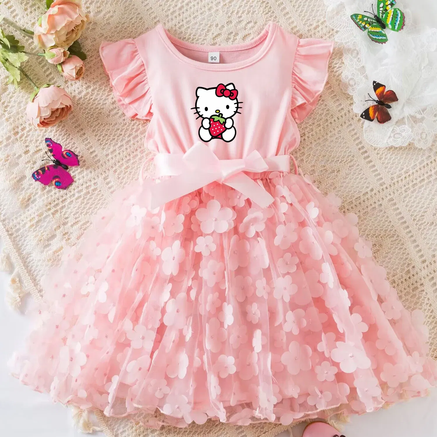 Color: Gold, Size: XS - Hello Kitty Summer Dress for Kid's Casual Clothes 3D Butterfly Cute Baby Girls Princess Dress Party Dresses 2-6 Yrs