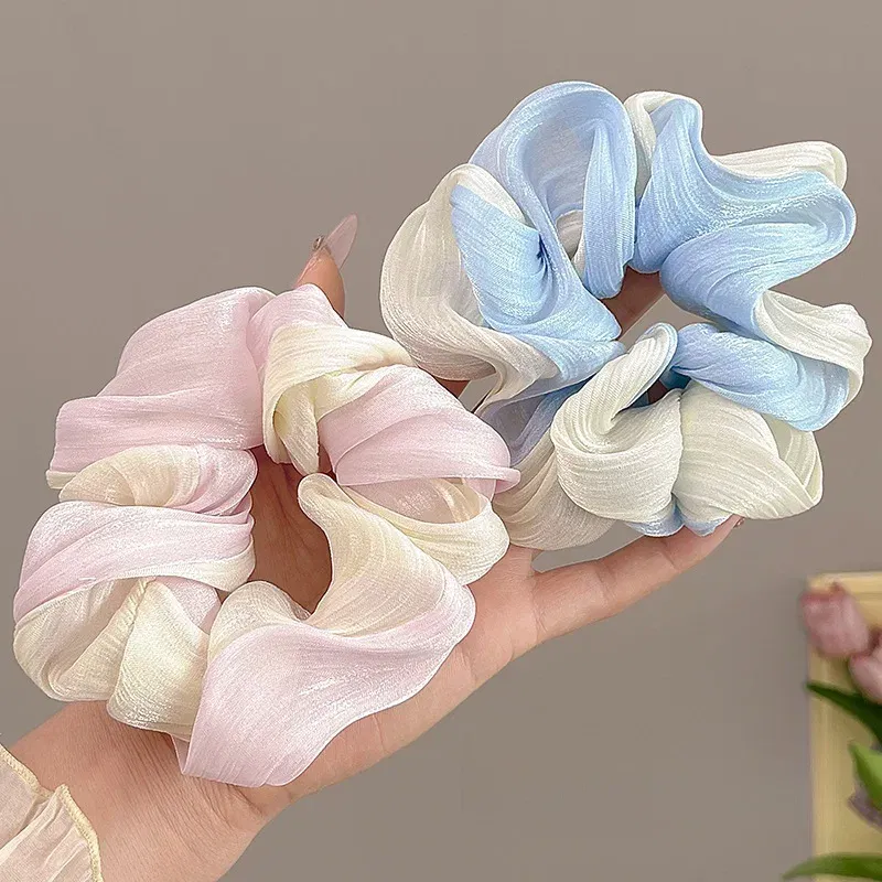 Color: Pink - Gradient Color Pink Blue Scrunchies Sweet Mesh Hair Ties Ropes Women College Student Oversized Hair Bands Cute Ponytail Headwear