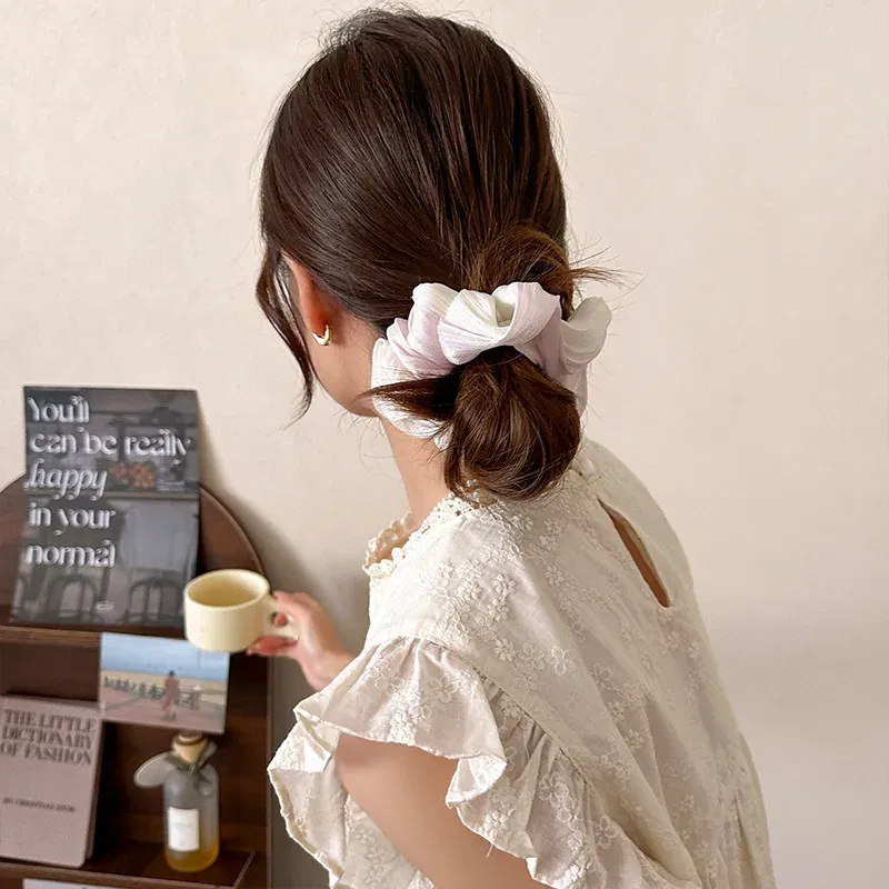 Color: Pink - Gradient Color Pink Blue Scrunchies Sweet Mesh Hair Ties Ropes Women College Student Oversized Hair Bands Cute Ponytail Headwear