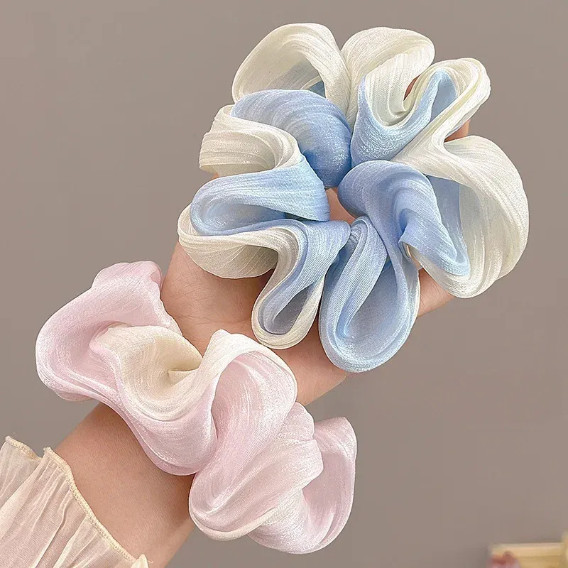 Color: Pink - Gradient Color Pink Blue Scrunchies Sweet Mesh Hair Ties Ropes Women College Student Oversized Hair Bands Cute Ponytail Headwear