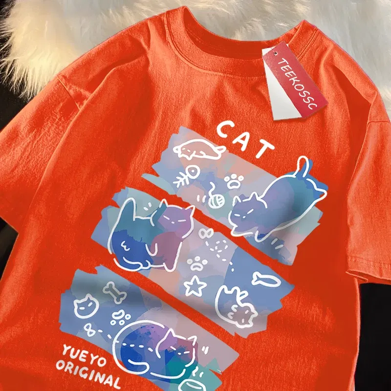Color: GRAY, Size: S - Fun Mischievous Cat Print Japanese Style T-Shirts Men Women Fashion Tshirs Breathable Summer T-Shirts Cotton Loose Tee Clothes
