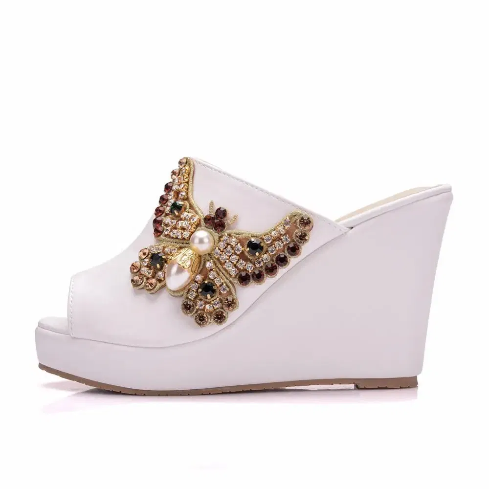 Color: WHITE, Shoe Size: 36 - Crystal Queen 10cm Peep Toe Platform Wedges Slippers High Heels Beach Sandals Women