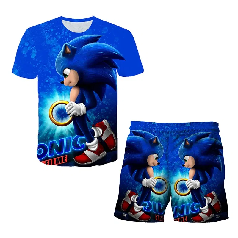 Color: Brown, Size: 25cm - New Japanese cartoon Sonic T-shirt children's top T-shirt shorts two-piece set summer boy cartoon cute T-shirt+beach pants