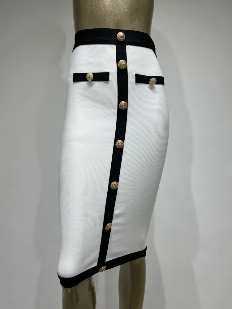 Color: WHITE, Size: S - New Arrival Women Button Patchwork White Black Bodycon Bandage Skirt 2024 Designer High Waist Party Club Pencil Skirt 60cm