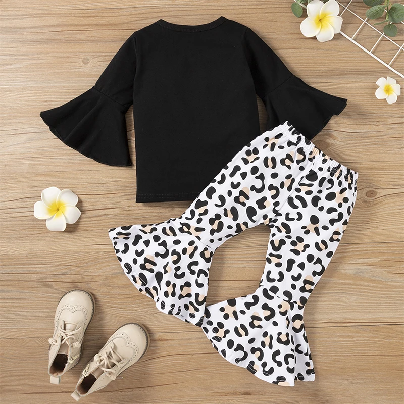 Color: black, Kid Size: 5T - 2pcs Baby Girl Clothes Sets Black Pullover Top + Leopard Print Bell-Bottoms Autumn Children's Clothing For 2 3 4 5 7 8 Years Old