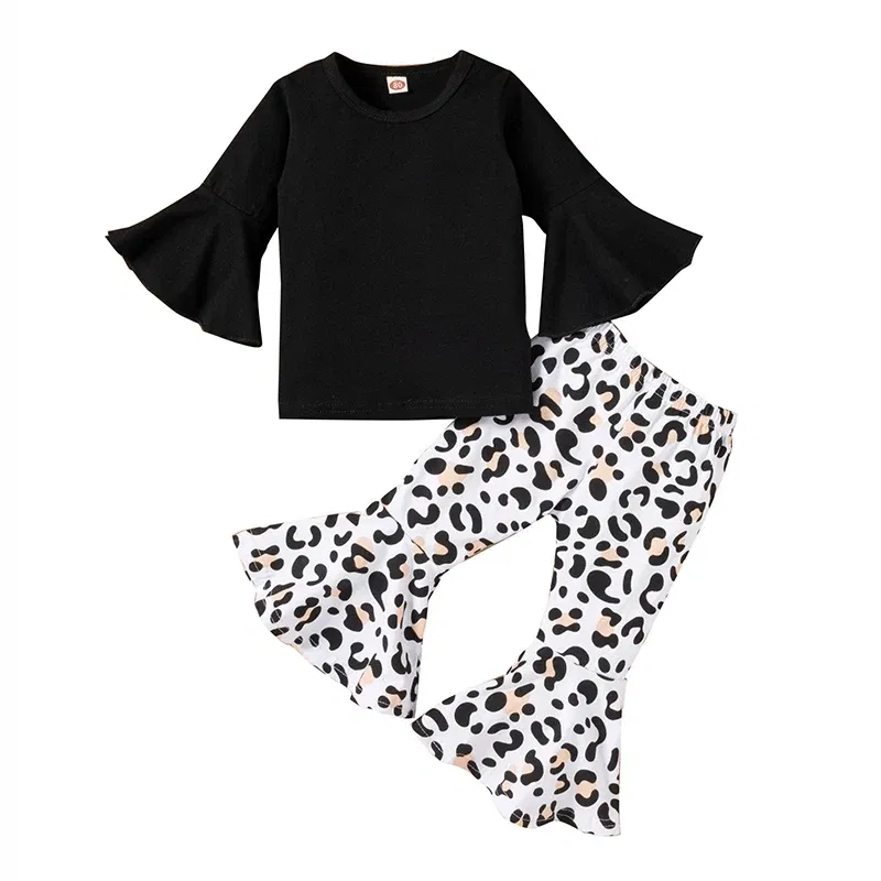Color: black, Kid Size: 5T - 2pcs Baby Girl Clothes Sets Black Pullover Top + Leopard Print Bell-Bottoms Autumn Children's Clothing For 2 3 4 5 7 8 Years Old