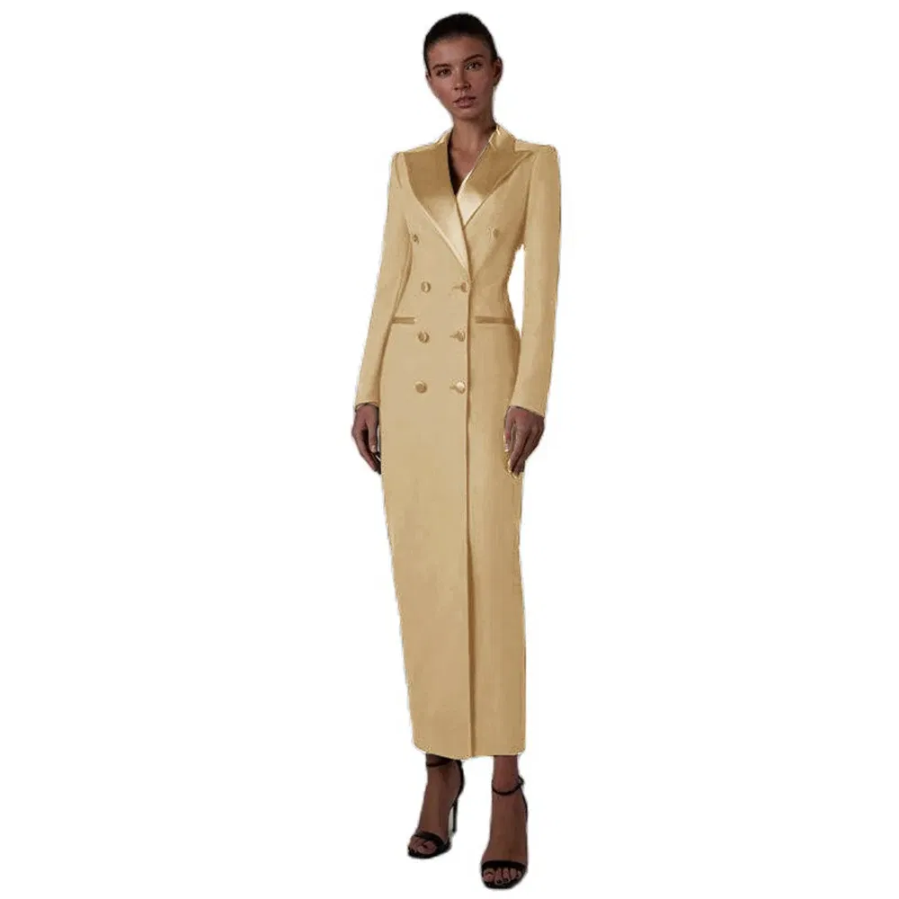 Color: Champagne, Size: XXL - Women's Suit Long Jacket One Piece Blazer Double Breasted Formal Tuxedo Party Dress кос?‚юм ?¶?µнский
