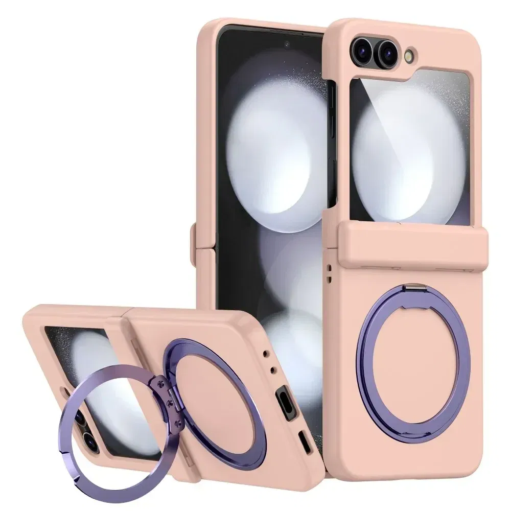 Color: Pink, Material: CANVAS - For Samsung Galaxy Z Flip 3 5 4 6 Magsafe Case Wireless Charging Hinge All-inclusive Flip Shockproof Hard Magnetic Holder Cover