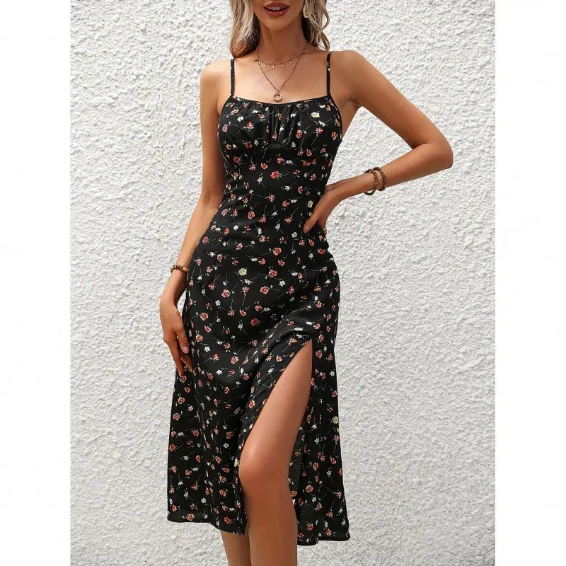 Color: Beige, Size: L - 2025 Summer Sexy Spaghetti Straps Dress Women Fashion Polka Dot Print Sleeveless Slit Dress Boho Casual Beach Midi Dresses