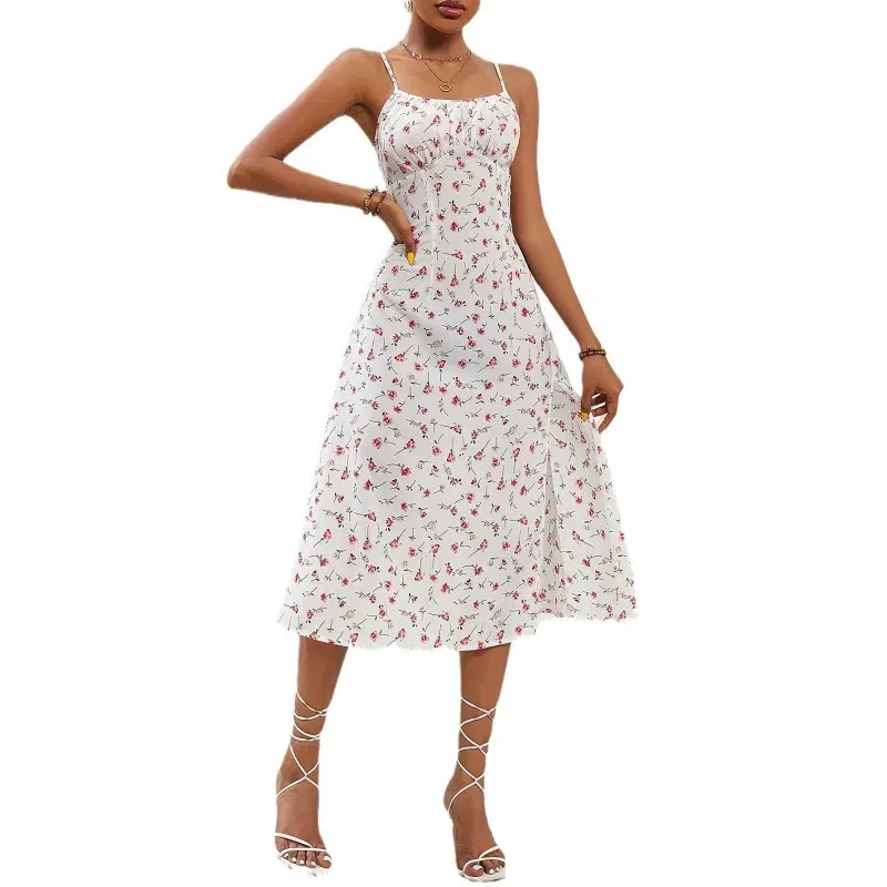 Color: Beige, Size: L - 2025 Summer Sexy Spaghetti Straps Dress Women Fashion Polka Dot Print Sleeveless Slit Dress Boho Casual Beach Midi Dresses