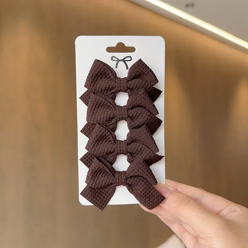 Color: Chocolate - 4PCS Soft Cotton Bow Hairpin Girl Sweet Plaid Design Hairpin Color Block Delicate Hairgripe Barrettes Kawaii Child Accessories