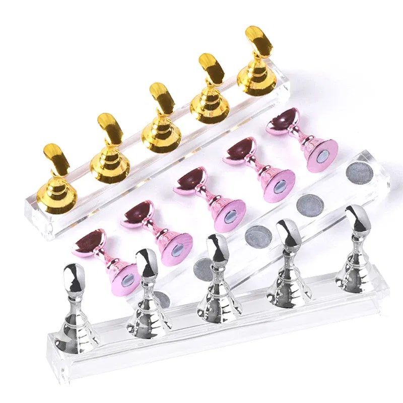 Color: Light Grey - 5pcs/Pack Chess Magnetic Nail Holder Practice Display Stand Gold Silver Rose-Golden Showing Shelf Gel Polish Display Stand Tools