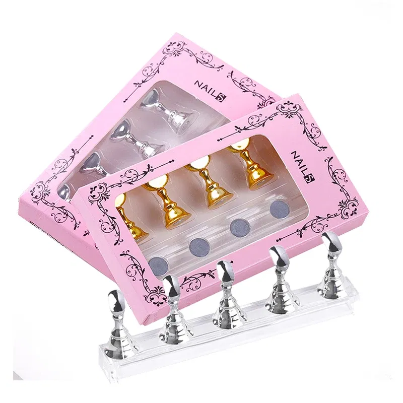 Color: Light Grey - 5pcs/Pack Chess Magnetic Nail Holder Practice Display Stand Gold Silver Rose-Golden Showing Shelf Gel Polish Display Stand Tools