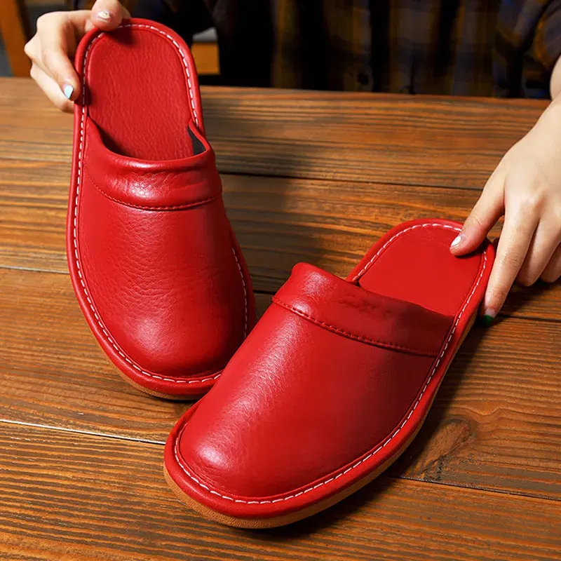 Color: Blue, Shoe Size: 5.5 - Mens Bedroom Leather Slippers Unisex Black Home Shoes Big Size 47 48 Man's Slippers Indoor Comfy Males Slides Family Flats Shoes