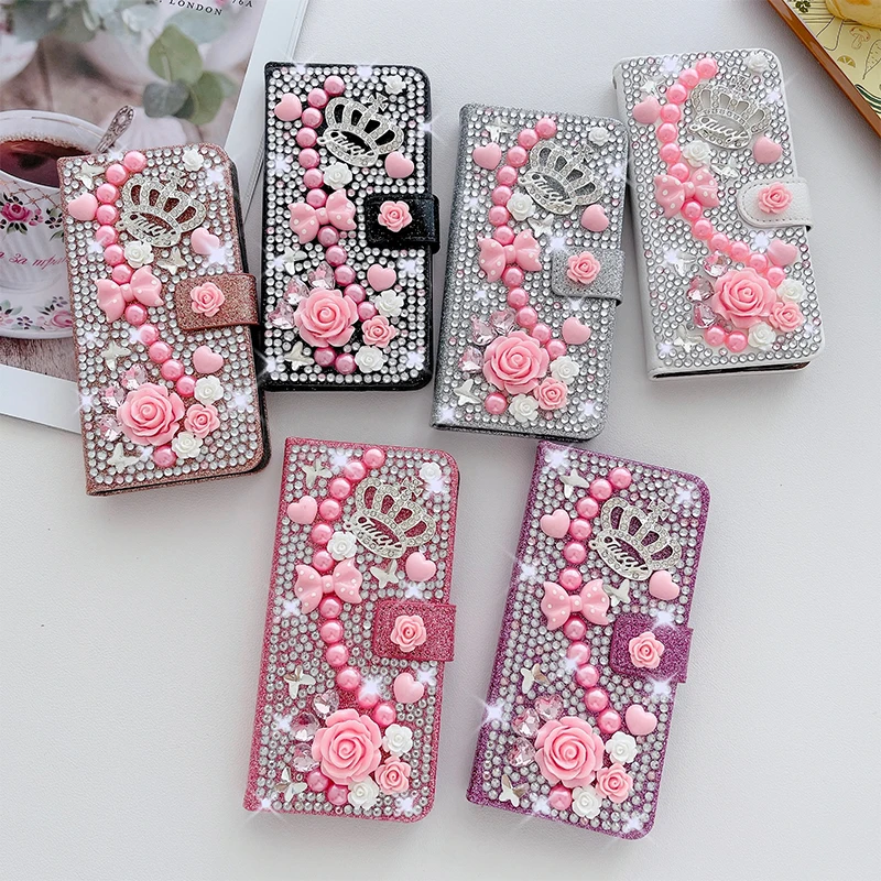 Color: Rose, Material: PC + TPU - Wallet Glitter Case For Samsung Galaxy S24 FE S23 Ultra S22 Plus S21 S20 A13 A14 A15 A16 A53 A54 A55 A34 Flip Luxury Leather