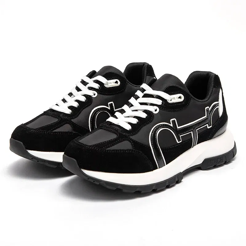 Color: black, Shoe Size: 37 - CHCH Women Tennis Shoes New Leather Splicing Student Sports Shoes