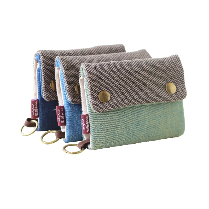 Color: dark blue - Handmade Three Fold Fabric Wallet Women Men Simple Short Zipper Purses for Teens Personality Multi-function Key Bag Card Holder