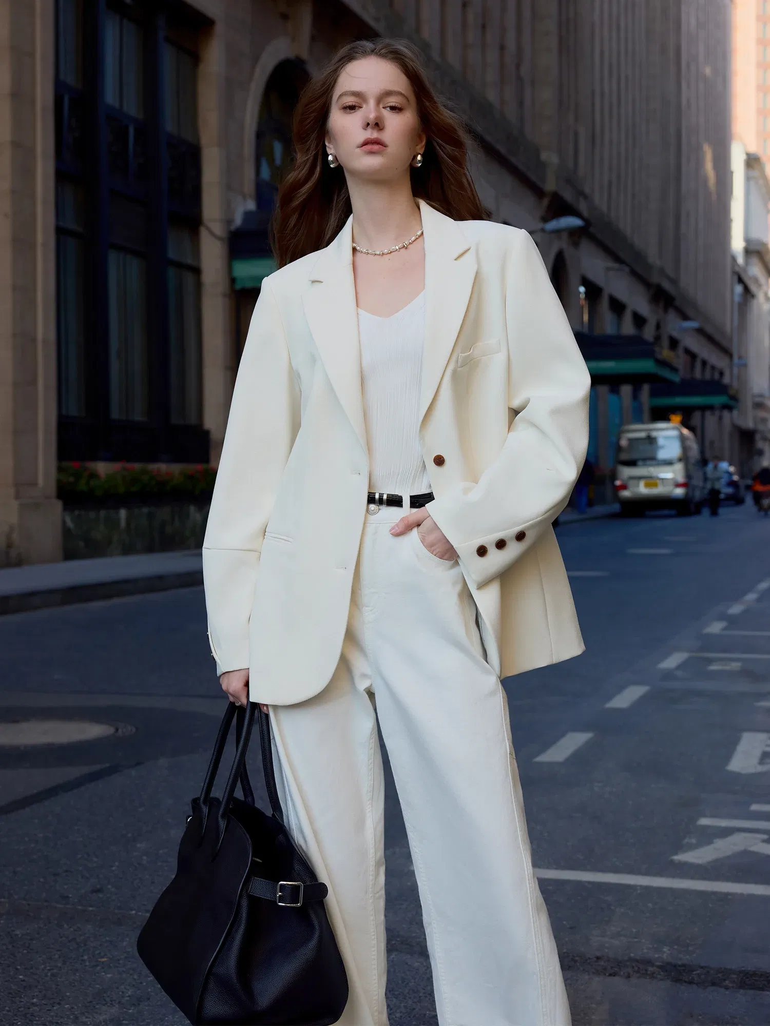 Color: WHITE, Size: L - FSLE Women Beige Blazer Coats 2025 Spring New Casual Commuter Loose Blazer Notched Collar Single Breasted Jackets 25FS11064