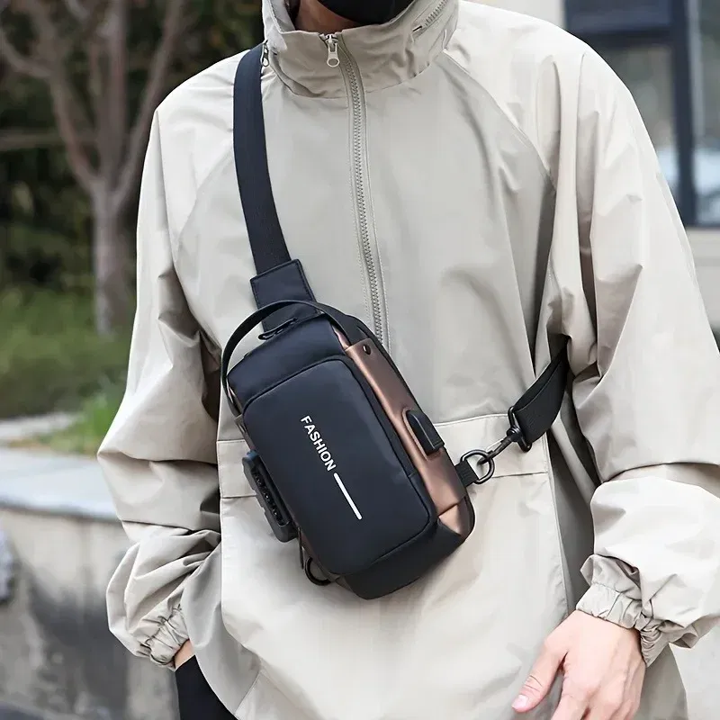 Color: Beige - Durable Oxford Fabric Men's Sling Bag - Stylish Motorcycle Crossbody Chest Pack with Phone Pocket, Zip Closure for Daily Commute