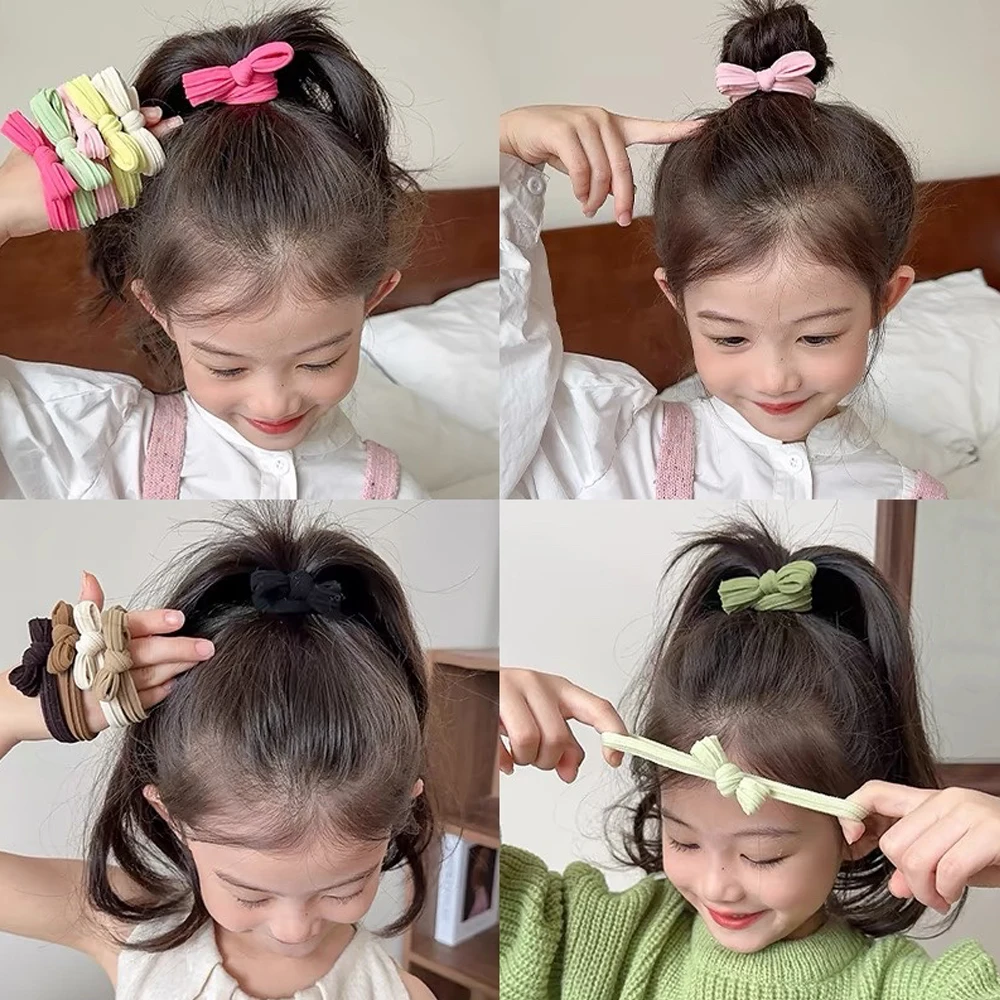 Color: Silver - 5pcs/Set Simple Bow Hair Ties Ropes Colorful Elastic Seamless Ponytail Holder Rubber Band For Toddler Girls