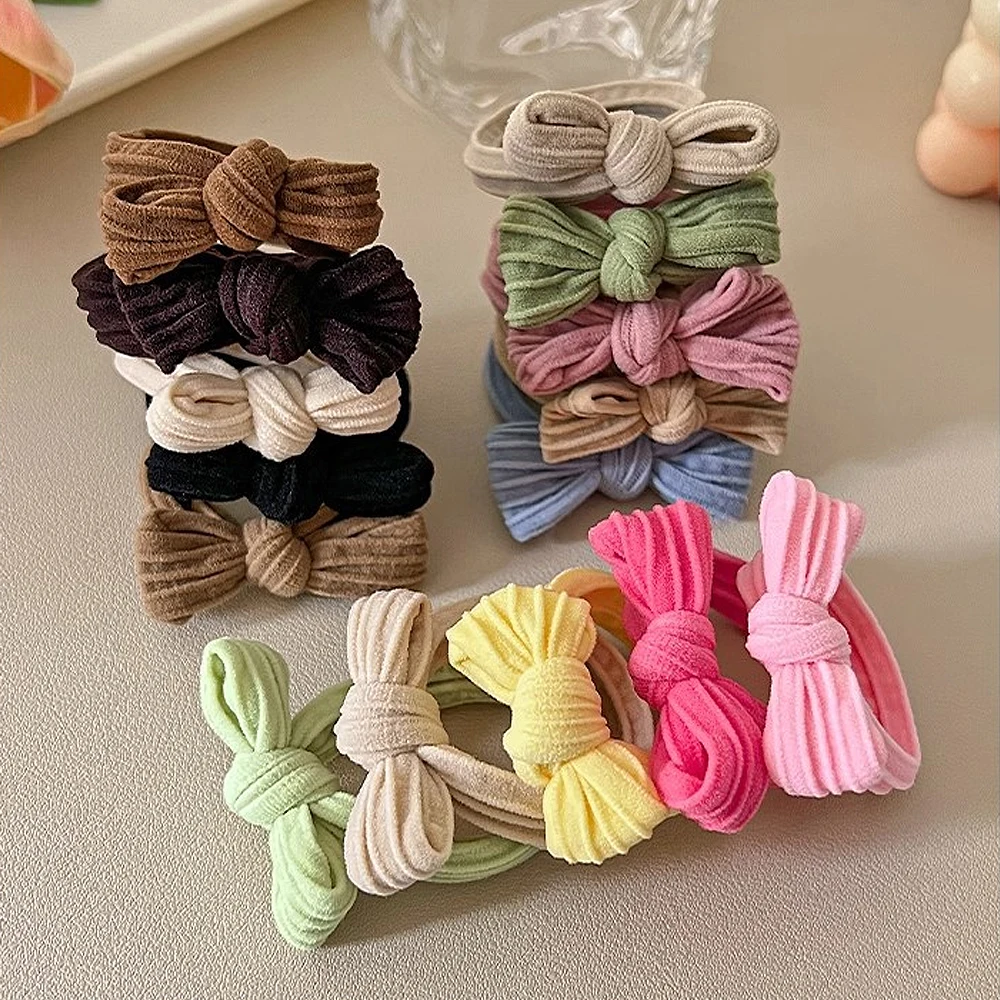Color: Silver - 5pcs/Set Simple Bow Hair Ties Ropes Colorful Elastic Seamless Ponytail Holder Rubber Band For Toddler Girls