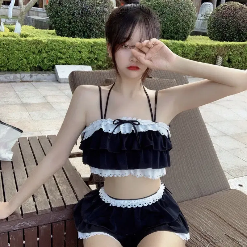 Color: black, Size: M - Bikini Sets Women Kawaii Girlish Design Tender Teens Slim Chic Beach Simple Feminino Daily Ruffles Japan Style Cool Sexy