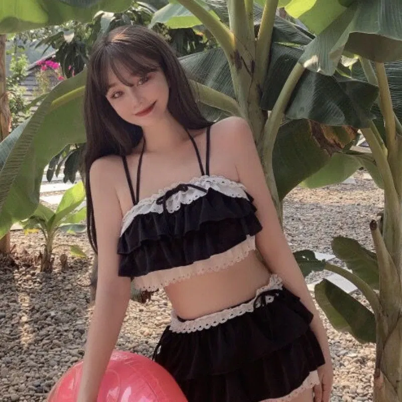 Color: black, Size: M - Bikini Sets Women Kawaii Girlish Design Tender Teens Slim Chic Beach Simple Feminino Daily Ruffles Japan Style Cool Sexy