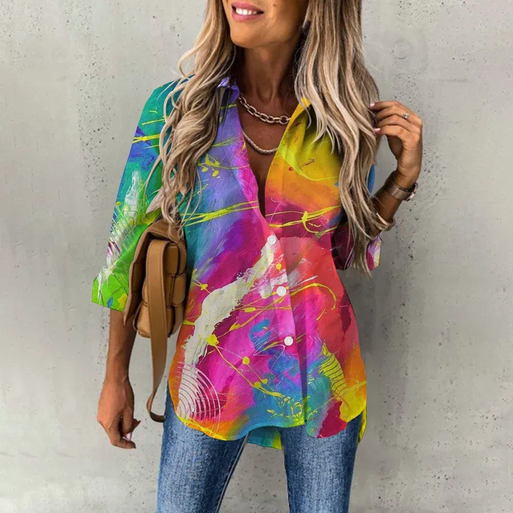 Color: Khaki, Size: XL - Ladies Long Sleeved Shirt Vacation Style Coconut Tree 3D Digital Printed Button Up Collar Loose Casual Ladies Blouse 2024 Autumn