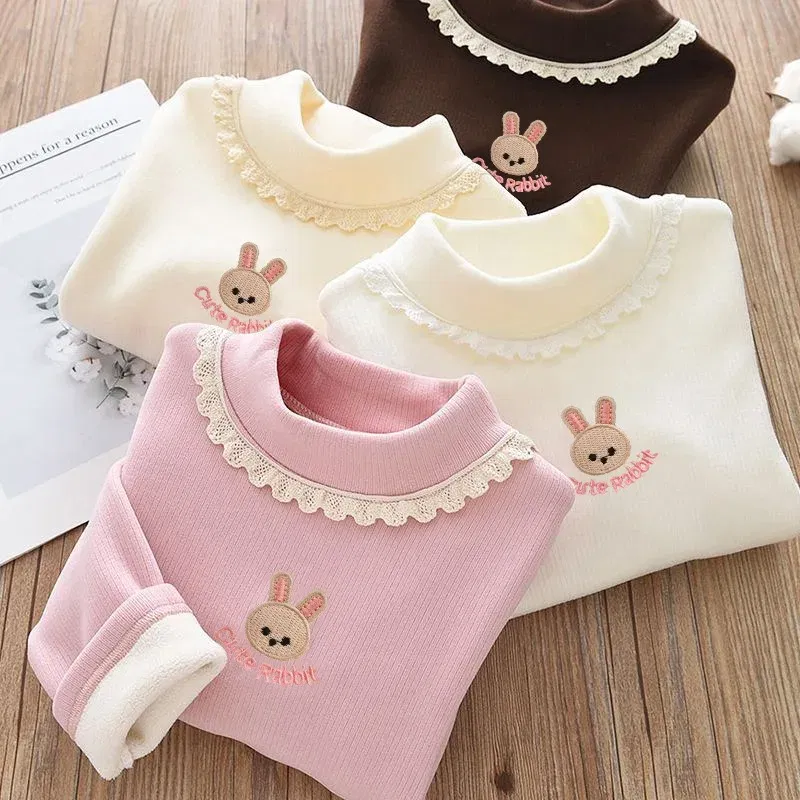 Color: Blue, Kid Size: 8 - 1pcs Children's T-Shirts Rabbit Embroidery Velvet warm top Kids Half High Collar Long Sleeve Base Shirt Girls Tshirts Clothes