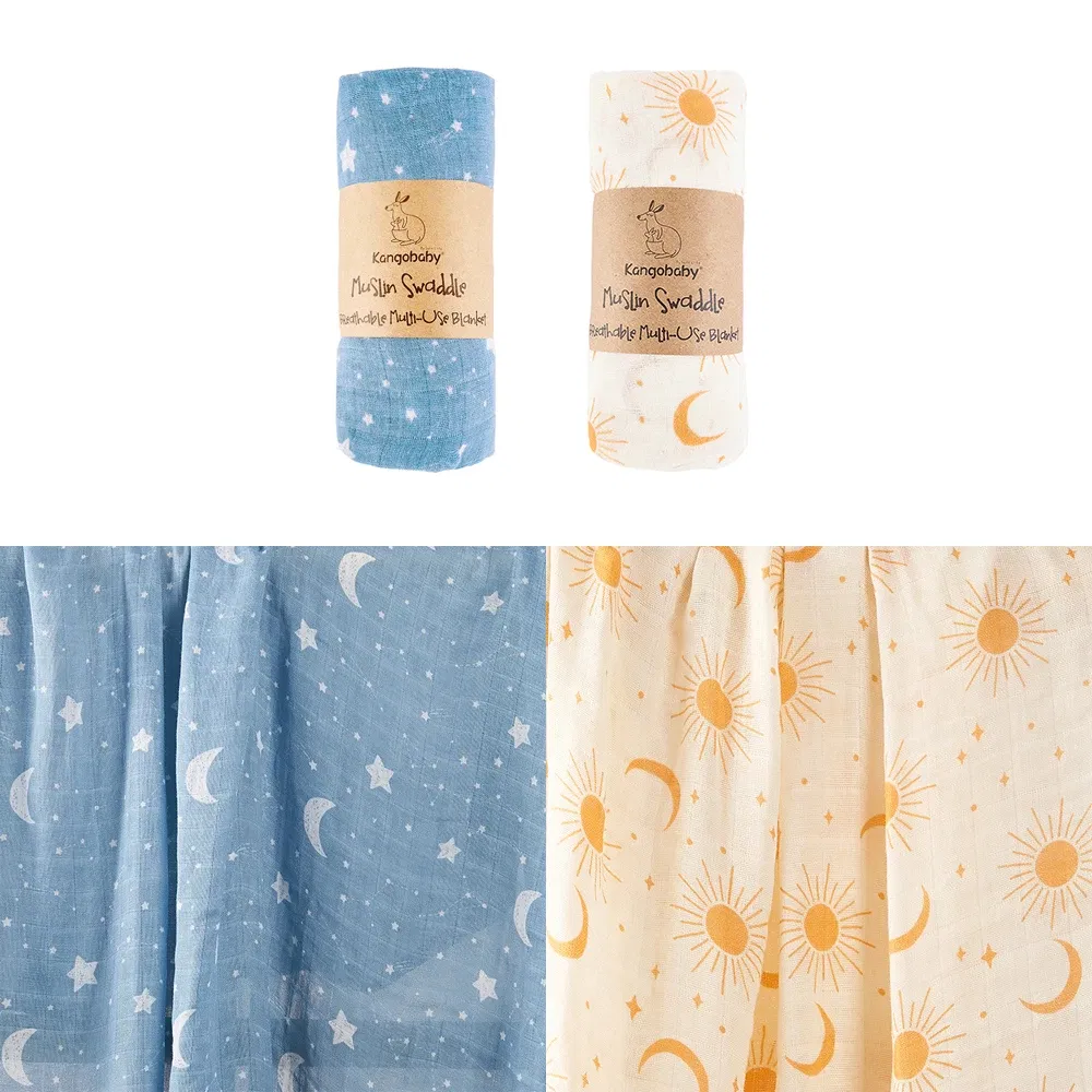 Color: Chocolate - Kangobaby New Design 2pcs Set Double Layers 100% Cotton Newborn Baby Muslin Swaddle Blanket