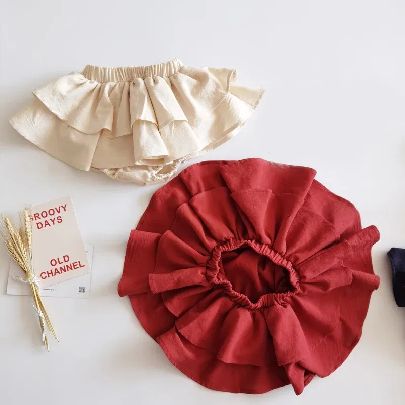Color: Orange, Kid Size: 3M - Double Layers Ruffles Lace Baby Skirt Pants Summer Cotton Linen Kids Pettiskirt Toddler Dancing Wedding Clothing Tutu Skirt