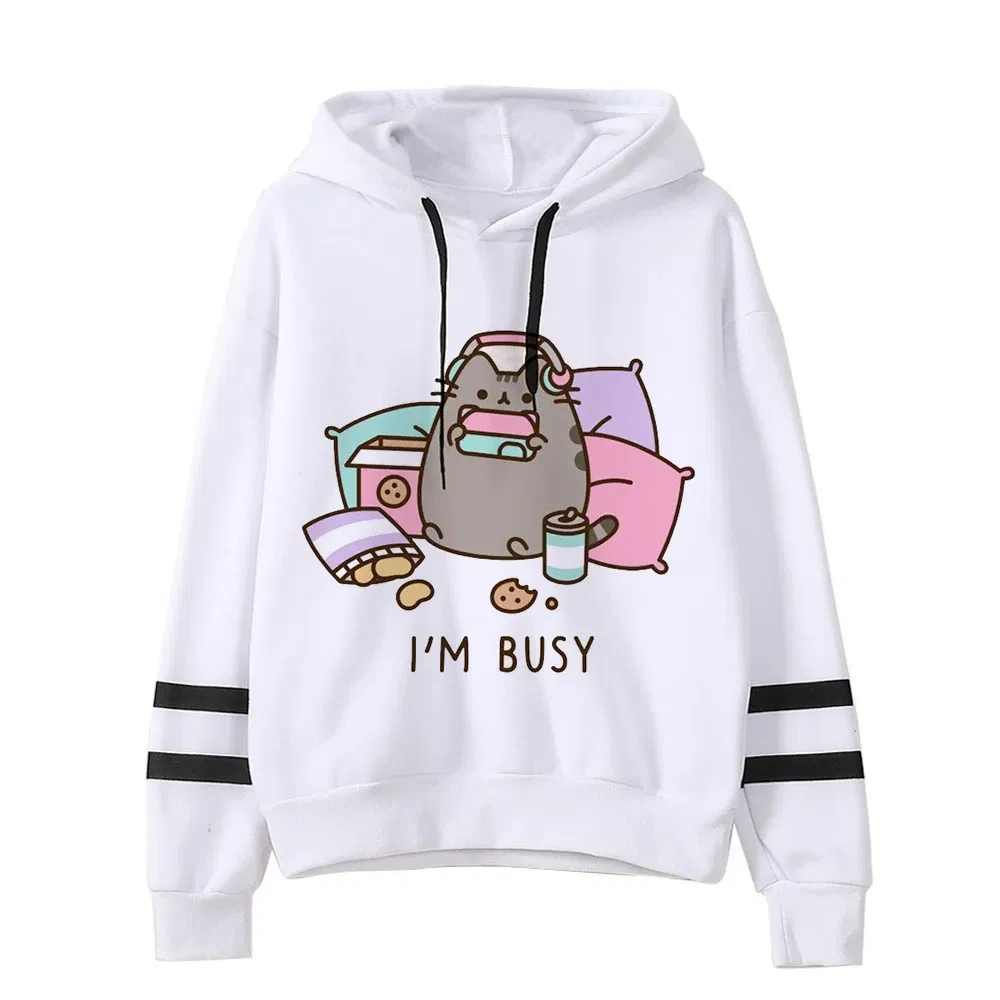 Color: RHODO, Size: S - Women Ullzang Cute Cat Funny Cartoon Sweatshirt Pusheen Cat Kawaii Harajuku Korean Style Hoodies Graphic Fashion Hoody Female